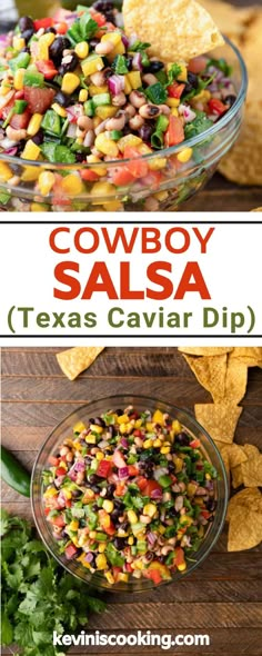 cowboy salsa in a glass bowl with tortilla chips and cilantro on the side