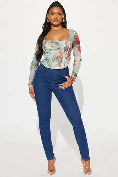 Available In Light Blue And Denim. Square Neck Long Sleeve Floral Print Mesh Stretch Disclaimer: Print Placement May Vary. Body: 95% Polyester 5% Spandex Lining: 100% Polyester Imported | Charlotte Mesh Corset Top in Light Blue size Small by Fashion Nova High Waist Denim Tops For Fall, Fall High Waist Denim Tops, Spring Slim Fit Blue Jeans, Casual Slim Fit Blue Top, Fitted Denim Blue Top, Spring Long Sleeve Fitted Tops, Trendy Fitted Floral Print Jeans, Fall Floral Print Blue Jeans, Blue Fitted Top For Summer