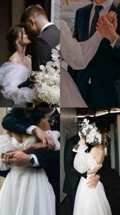 four different shots of a bride and groom hugging each other in their wedding day outfits