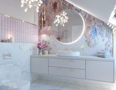 the bathroom is decorated in pink and white with flowers on the wall behind the sink