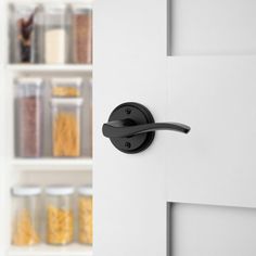 an open door with black handles in front of shelves and containers on the wall behind it