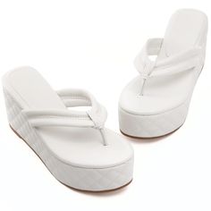 PRICES MAY VARY. ➤HEIGHT: The platform measures approximately 3.5 inches. ➤DESIGN: The slip-on high platform wedges is covered in a quilted pattern and wide upper straps, which are stitched to create a trendy puffy look and feeling for you. Available in 4 colors, you can choose any pair of shoes you like best. Let these flip flop sandals bring you summer fun. ➤FEATURES: These chic wedge slides sandals are composed of high quality material, eco-friendly fuax leather, round open toe, wide upper st White Beach Sandals, Sheep Outfit, Flip Flop Wedges, White Platforms, Shoes Png, Wedge Slides, Cute Flip Flops, White Flip Flops, Casual Wedges