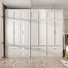 a bedroom with white cabinets and beige carpet