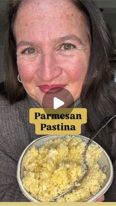 a woman holding a bowl of food with the words parmesan pasta on it