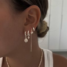 4 Earrings In One Ear, Stack Earrings Silver, Multiple Earrings Silver, 3 Earring Set, Layered Silver Earrings, Set Of 3 Earrings, Silver Earrings Stack Aesthetic, Silver Earing Aesthetic, Trendy Silver Earrings