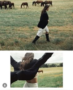 two pictures with horses in the background and one has her arms outstretched to the ground