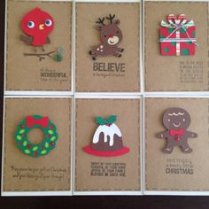 six christmas cards with different designs and words on them, all decorated in brown paper