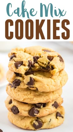 chocolate chip cookies stacked on top of each other with the words cake mix cookies above them