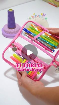 a person holding a pink case filled with lots of colorful pens and pencils on top of a table