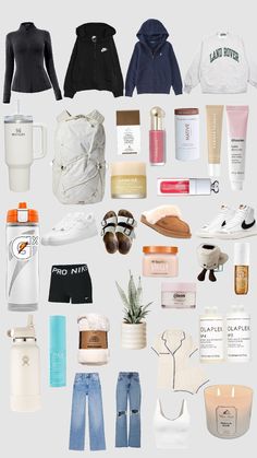 the contents of a travel bag are arranged on a white background, including clothing and accessories