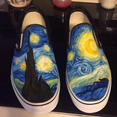 Custom Starry Night Hand Painted Canvas Vans Sharpie Sneakers, Painting Vans, Canvas Shoes Diy, Rose Sneakers, Hand Painted Vans, Shoes Painting, Shoe Painting, Vans Custom, Custom Vans Shoes