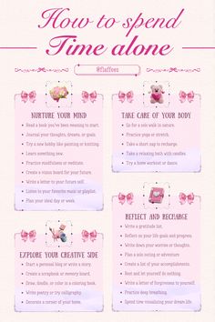 Discover the ultimate guide to enjoying your own company with these creative and relaxing solo date ideas! 💕 From nurturing your mind with journaling and reading, taking care of your body to exploring your creative side through art or decorating, this list has everything you need for meaningful alone time. Reflect, recharge, and reconnect with yourself today. Save this pin for inspiration on self-care routines, and glow up! Spend Time With Myself, Enjoying Own Company, Habits To Do Everyday, Affirmation Background, Daily Life Routine, Weekly Planner Journal, Spend Time Alone, 59th Birthday Ideas, Solo Date Ideas