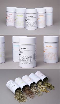 several different types of teas and spices in white containers on a gray background with the same color scheme