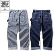 Men's Raw Denim Jeans Railroad Worker Pants Multi-Pockets Striped Cargo Trousers Feature: Multi-pocket design with hanging tool belt on the side There are two materials, primary denim and striped denim Straight leg loose YKK zipper Hardware: Aluminum alloy Note: The size is Asian size ,To be safe,Please measure one of your own pants to make comparison with ours, so as to select a correct size.   Size Chart:1inch=2.54cm Size Chart : INCH/CM Tag Size Waist Length Thigh Hip inch cm inch cm inch cm inch cm XS 29.9  76 40.2  102 23.6  60 39.0  99 S 31.5  80 41.3  105 24.4  62 40.2  102 M 33.1  84 42.1  107 26.0  66 40.9  104 L 34.6  88 42.9  109 26.8  68 43.3  110 XL 36.2  92 43.7  111 27.6  70 44.9  114 2XL 38.2  97 44.1  112 28.3  72 46.5  118 SIZE ERROR: ±1 INCH error as size was measured by Work Overalls, Outdoor Trekking, Striped Jeans, Raw Denim, Denim Trousers, Cargo Trousers, Pants Straight, Work Pants, High Jeans