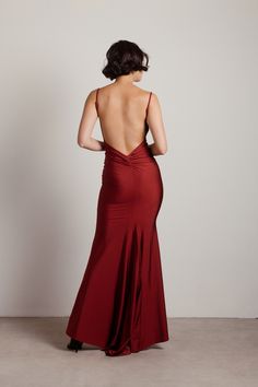 Gala Dresses Elegant Backless, Cocktail Dress Backless, Burgundy Backless Dress, Open Back Red Dress, Red Prom Dress Backless, Purple Dress Formal Classy Long, Ruched Maxi Dress For Gala During Prom Season, Elegant Prom Dress With Cowl Back, Ruched Fishtail Evening Dresses