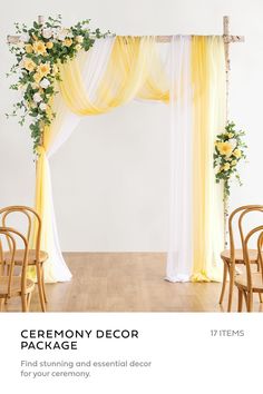 the ceremony decor package includes yellow drapes, white curtains and flowers on top of them