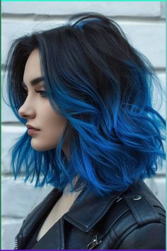 Beautiful Hair Dye Ideas, Bottom Half Colored Hair, Hair Colour Dye Ideas, Hair Blue Color Ideas, New Trending Hair Colors, Funky Dark Hair Color, Fall Colorful Hair Ideas, Dark Hair Color Ideas Short Hair, Purple Hair Inspo Short