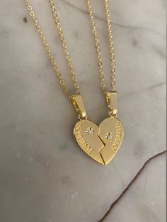 "Gold-plated or silver-plated heart in two halves with a crystal star and \"Soulmate\" engaged. The half heart measures 2 cm. Hung on a gold-plated or silver-plated bail and chain measuring 18 inches. This is for two necklaces with two half hearts. Perfect gift for your soulmate best friend. INTERNATIONAL BUYERS please choose the tracking option if you would like your order to be tracked. FREE tracking upgrade with 3 items or more purchased. JEWELLERY CARE please don't wear plated jewellery in t Connecting Heart Necklaces, Matching Heart Necklaces, Soulmate Best Friend, Best Friend Necklaces For 2, Half Heart Necklace, Best Friend Soul Mate, Half Heart, Dainty Initial Necklace, Two Necklaces