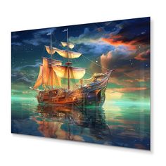 a painting of a pirate ship floating in the ocean