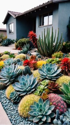 many different types of succulents in front of a house