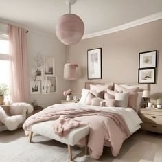 a bedroom with pink and white decor in shades of beige, light pink and neutral