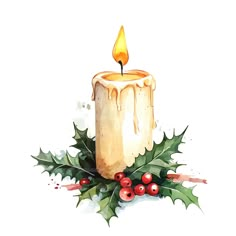 a watercolor painting of a lit candle with holly and red berries on the side