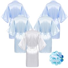 four pieces of blue and white satin robes with matching hair clips on the side, along with an ornament