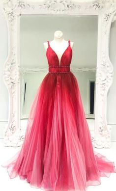 Red Ombre Dress, Red Tulle Prom Dress, Prom Dresses V Neck, Prom Dress With Train, Ombre Prom Dresses, Dresses V Neck, Ombre Dress, Prom Dresses 2019, Dresses Formal Elegant