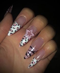 Pink And White Leopard Nails, Pink Zebra Acrylic Nails, Pink Cheetah Nails Y2k, Mcbling Nails Long, Zebra Cheetah Nails, Stilleto Y2k Nails, Zebra Leopard Nails, Leopard Print Nails Y2k, Y2k Nails Cheetah