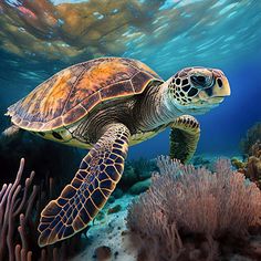 a sea turtle swimming in the ocean with corals and other marine life around it