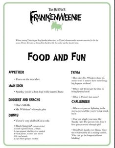 Movies And Food Pairings, Halloween Dinner And Movie Cards, Frankenweenie Themed Dinner, Frankenweenie Dinner And A Movie, Frankenweenie Movie Night, Frankenweenie Food Ideas, Dinner And A Movie Date Night, Themed Dinner Nights Movie, Halloween Movie Night Meals