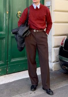 Nice Casual Outfits For Men, Masc Style, Grandpa Fashion, Aesthetic Male Outfits, Red Sweater Outfit, Interview Suits, Christmas Outfit Men, Maroon Outfit