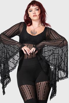 LORELENA.- Soft, stretch lace.- Sheer.- Long waterfall sleeves.- Model is wearing their own undergarments.- Fitted.With KILLSTAR branding, Fabric 1: 98% Polyamide 2% Elastane, Fabric 2: 100% Cotton.Hand wash delicate 30°c / Do not bleach / Do not tumble dry / Iron at low temperature / Do not dry clean. Imported. Black Lace Top Plus Size, Sheer Bodysuit Outfit, Plus Size Rave Outfits, Clean Goth, Plus Size Rave, Demon Costume, Spooky Ideas, Goth Things, Fairy Clothes