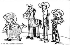 three cartoon characters standing next to each other in front of a horse and cow character