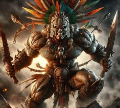 a character from the video game warhammer with two swords in his hands and an elaborate headdress