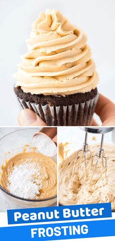 peanut butter frosting is being made on top of cupcakes with icing