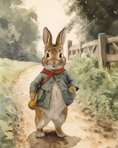 a watercolor painting of a rabbit wearing a coat and holding a bag on a dirt road