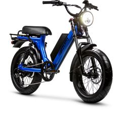 an electric scooter is shown on a white background with blue and black accents