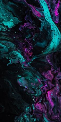 an abstract painting with blue, purple and green colors on black background that looks like fluid paint