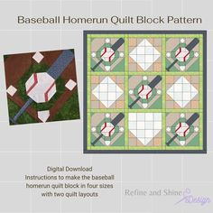 a baseball themed quilt with the words baseball home run quilt block pattern