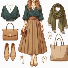 Meeting New People: Top: Deep Teal Wrap Blouse (Cotton) Bottom: Warm Beige A-Line Skirt (Linen) Footwear: Nude Ballet Flats (Leather or Fabric) Accessories: Gold Statement Necklace (Metal), Delicate Bracelet (Metal) Bag: Warm Beige Tote Bag (Canvas or Leather) Versatility: Add Lightweight Olive Green Scarf (Cotton) Modest Flattering Outfits, Italy Outfits Skirt, Sage Green Fall Outfit, Colors That Go With Sage Green Clothing, Beige And Olive Green Outfit, Brown Cords Outfit, Olive Green Skirt Outfit Ideas, Olive Blouse Outfit, Soft Autumn Outfit Ideas