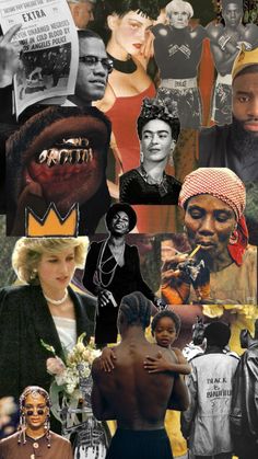 the collage shows many different people in black and white, including one woman with a crown