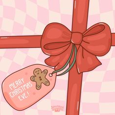 a pink christmas card with a teddy bear hanging from it's red ribbon and merry christmas eve tag