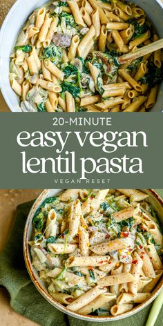 a bowl filled with pasta and spinach on top of a wooden table