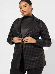 Relaxed Blazer, Dressy Clothes, Shawl Collar Blazer, Office Workwear, Peplum Blazer, Houndstooth Jacket, Plus Size Fall, Single Button Blazer, Black Houndstooth