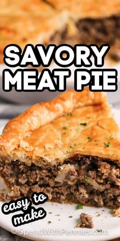 a slice of savory meat pie on a plate with the title above it