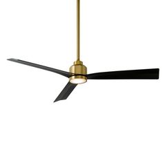 a gold ceiling fan with black blades and a light on the top, against a white background