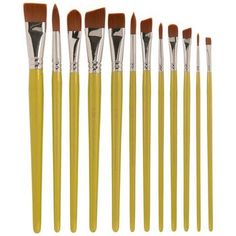 six yellow brushes are lined up in a row