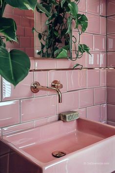 a bathroom sink with pink tiles and a plant in the mirror above it that is hanging on a wall