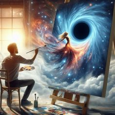 a man sitting in front of an easel painting a black hole